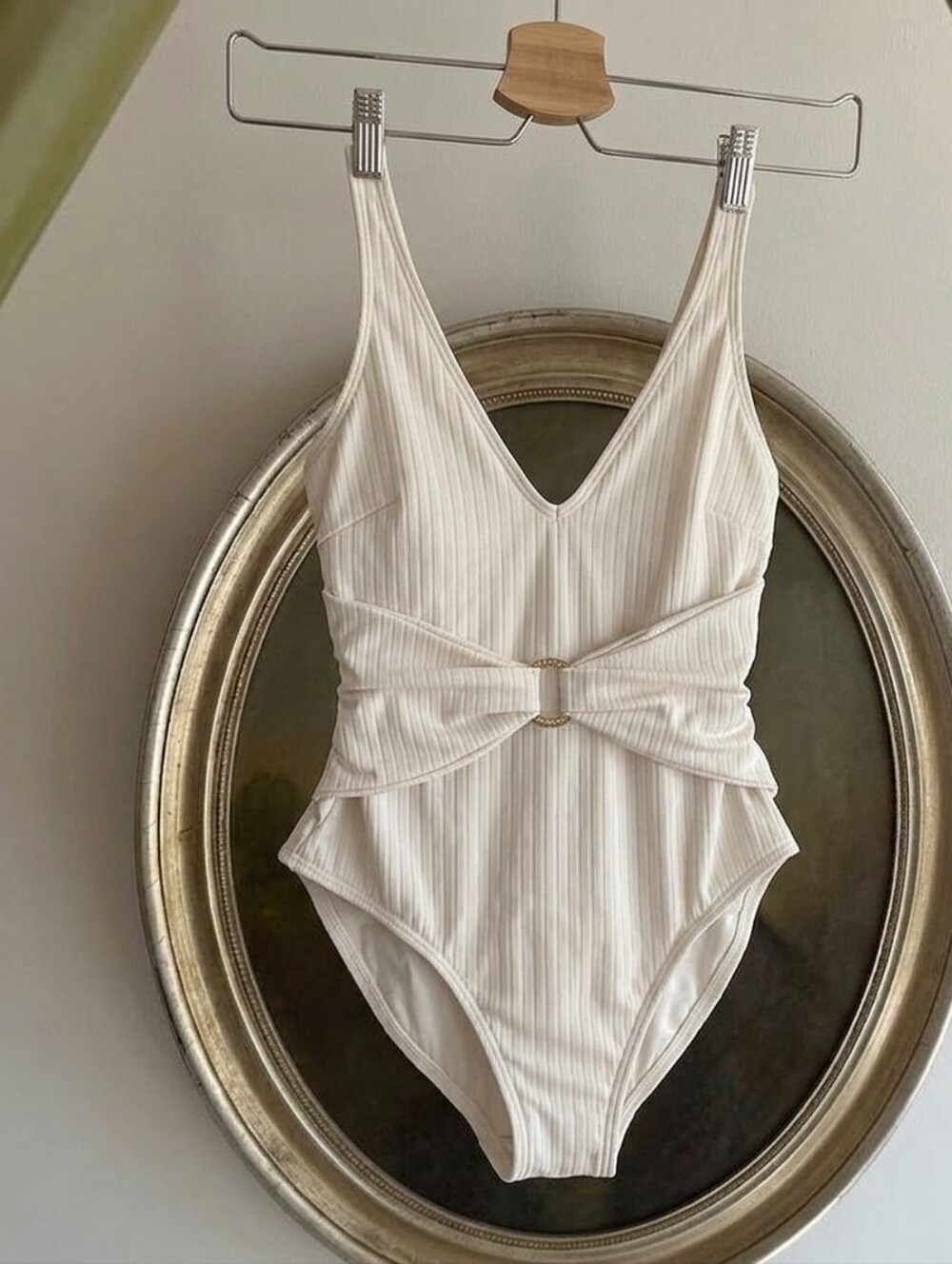 Michael Kors Cream Ribbed One-Piece Swimsuit with Gold Accent